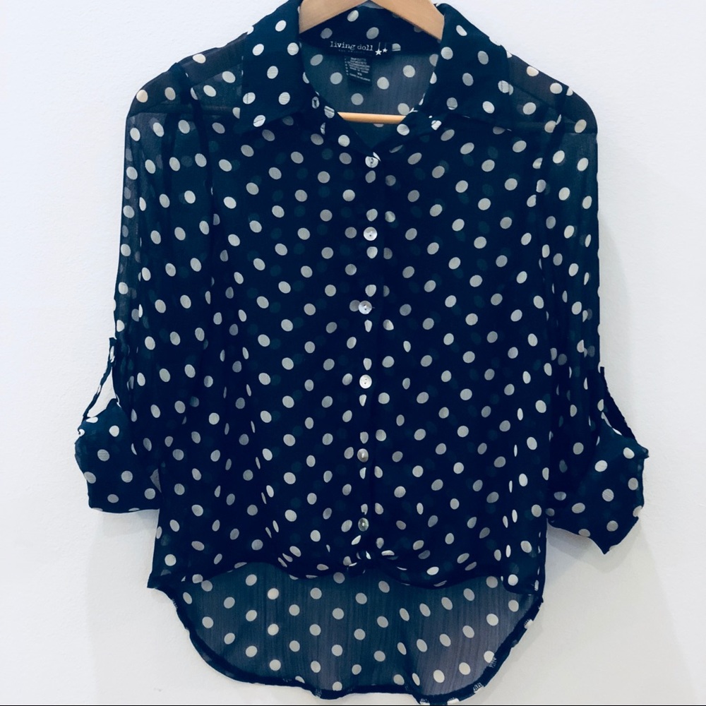 Like New Tie Front Hi Low Polka Dot Sheer Blouse - Blue & White Top in XS